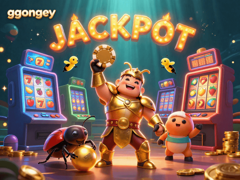 Spin the reels with ggongey’s 3D cartoon characters celebrating a jackpot in vibrant casino colors.