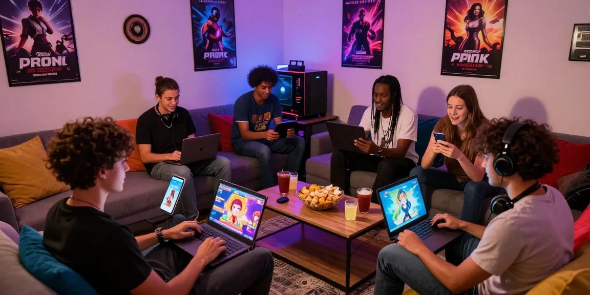Engaging scene of friends playing free porn ganes in a vibrant lounge.