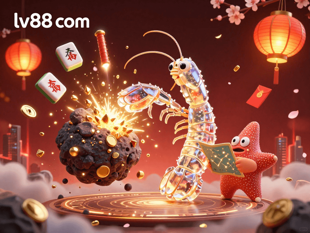 Engage with the exciting world of lv88 com as a cosmic mantis shrimp unleashes golden treasure, surrounded by vibrant casino elements.