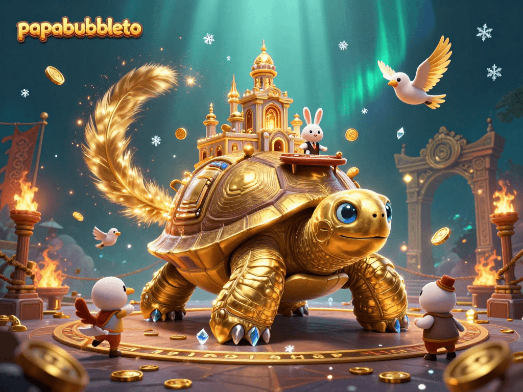 Win big with papabubbleto's dynamic casino scene featuring a golden tortoise and rabbit dealer.