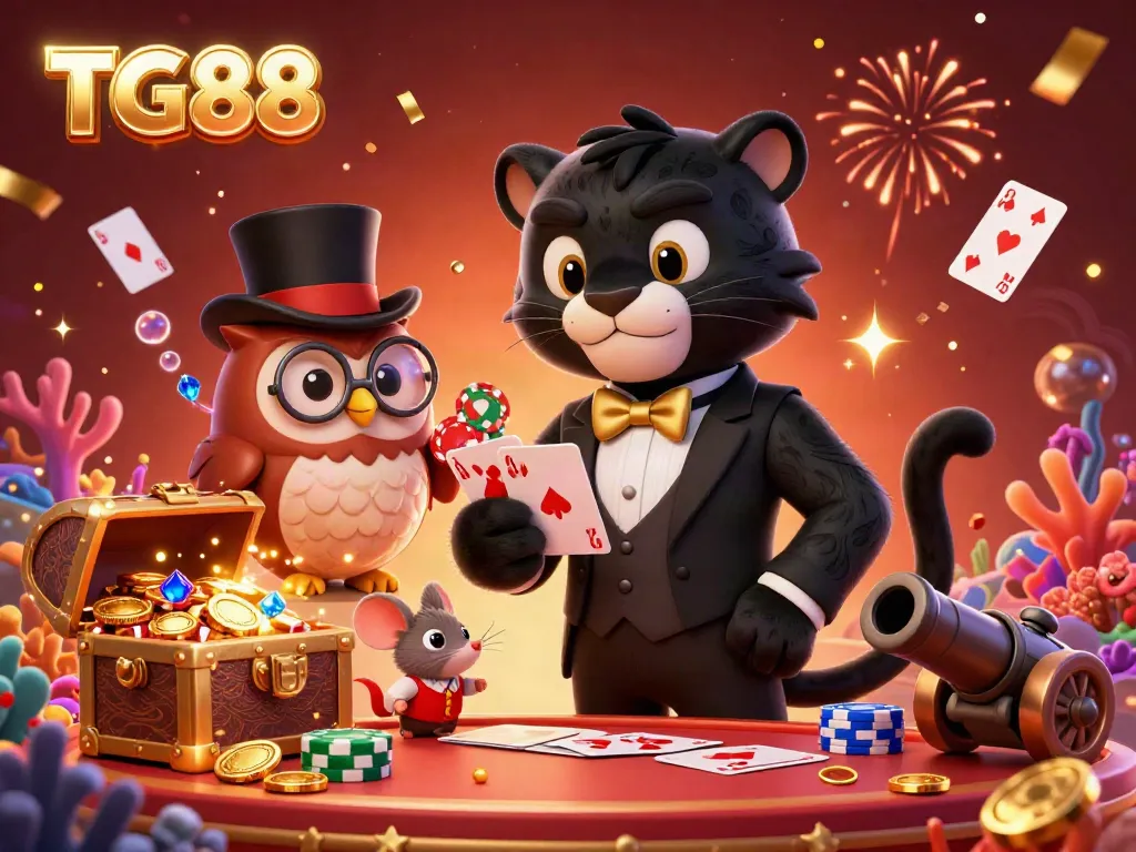 Experience the thrilling world of TG88 with the stylish black panther dealer and festive casino elements.