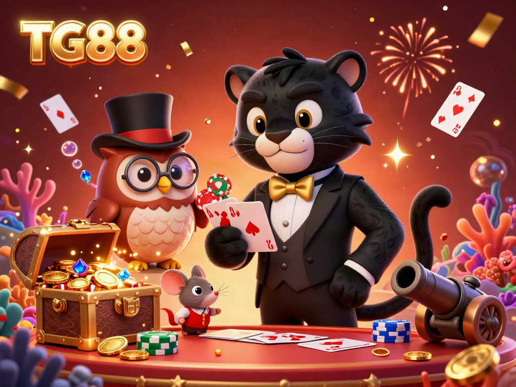 Experience the thrilling world of TG88 with the stylish black panther dealer and festive casino elements.