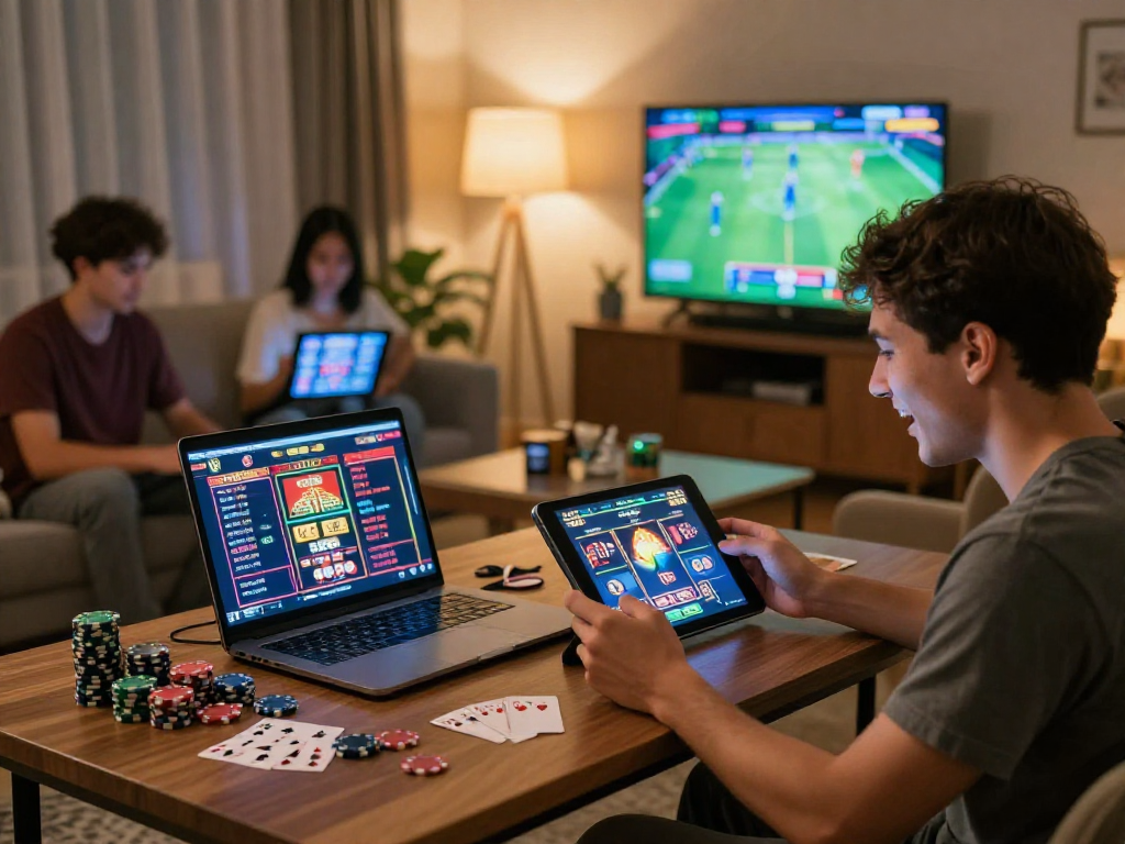 Lista casino online non AAMS: giocatore felice che gioca su tablet nel salotto con atmosfere di gioco.