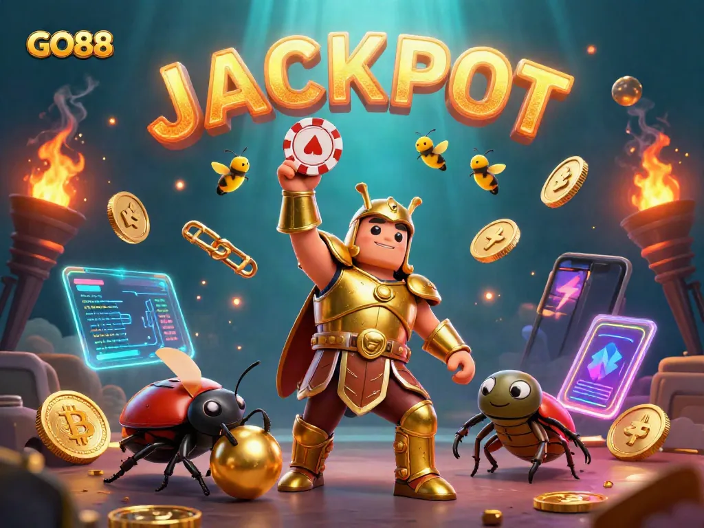 Engage in GO88's thrilling casino adventure with cartoon characters celebrating a jackpot!