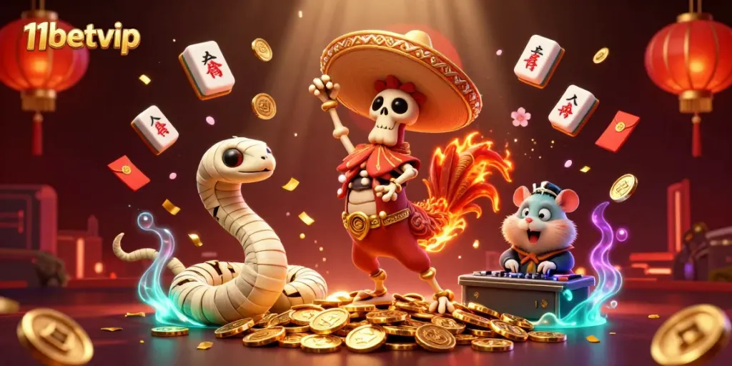 Experience thrilling wins at 11betvip with vibrant animated casino characters dancing among golden coins and festive elements.