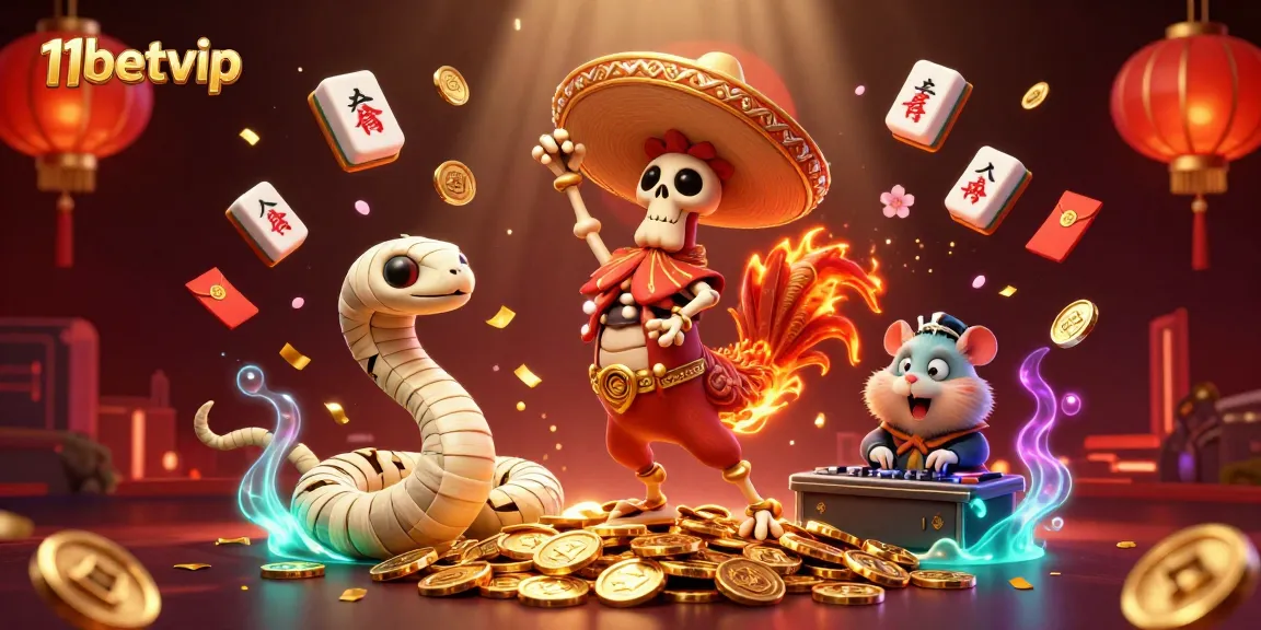Experience thrilling wins at 11betvip with vibrant animated casino characters dancing among golden coins and festive elements.