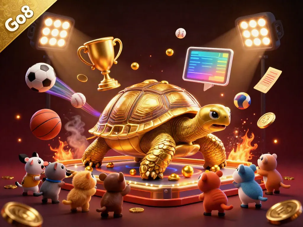 Engage with the Go8 pinball adventure featuring a colossal tortoise and excited animals in a vibrant casino atmosphere.