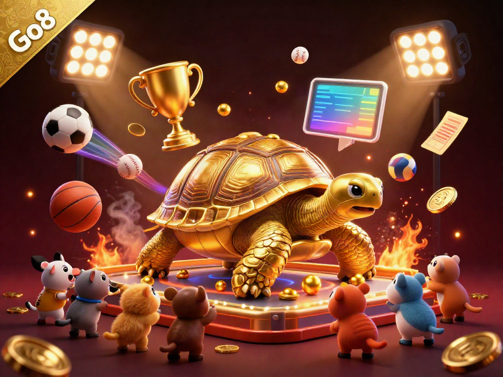 Engage with the Go8 pinball adventure featuring a colossal tortoise and excited animals in a vibrant casino atmosphere.