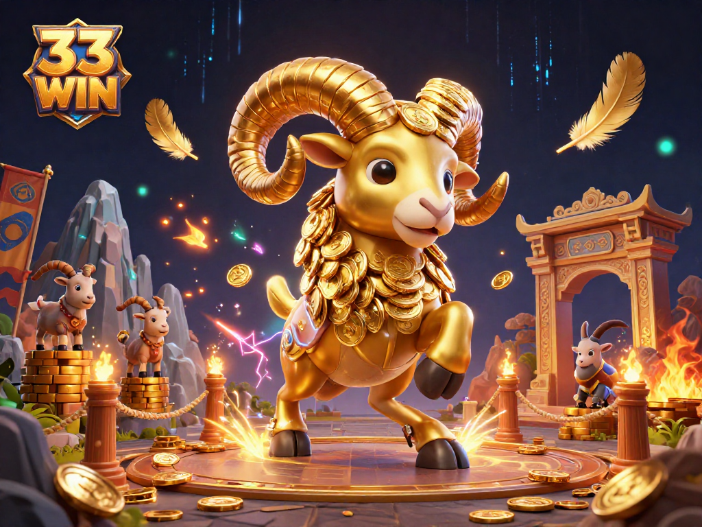 Engage with the thrilling energy of 33 WIN, showcasing a golden ram charging through a vibrant casino arena.