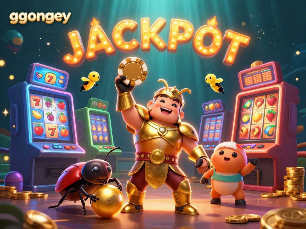 Spin the reels with ggongey’s 3D cartoon characters celebrating a jackpot in vibrant casino colors.