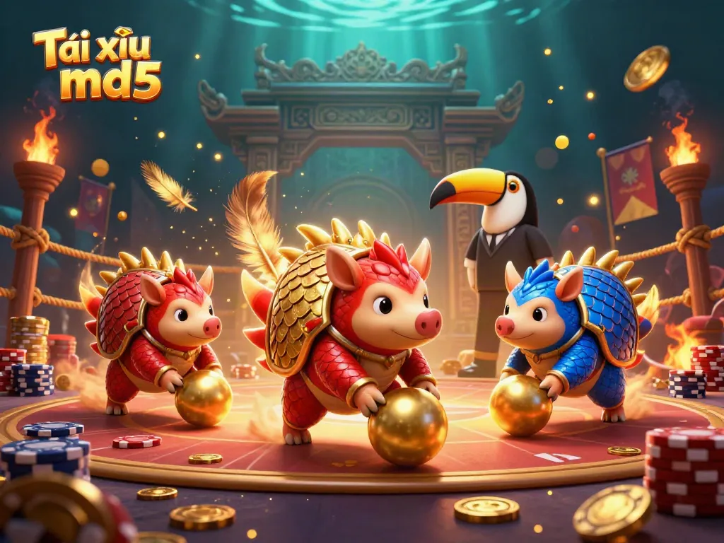 Experience Tài xỉu md5 as cartoon pangolins compete in a thrilling casino scene filled with golden coins.
