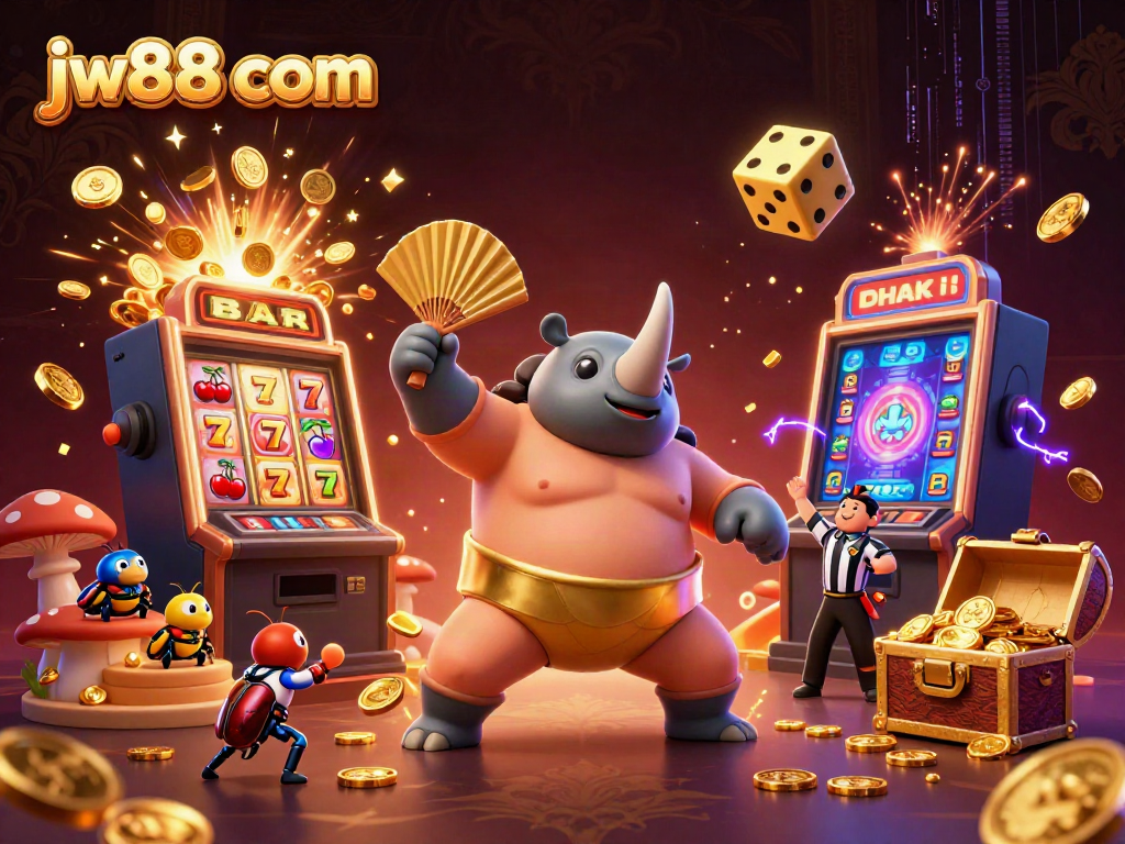 Experience thrilling gameplay at jw88 com with a 3D cartoon scene featuring a victorious beetle champion.