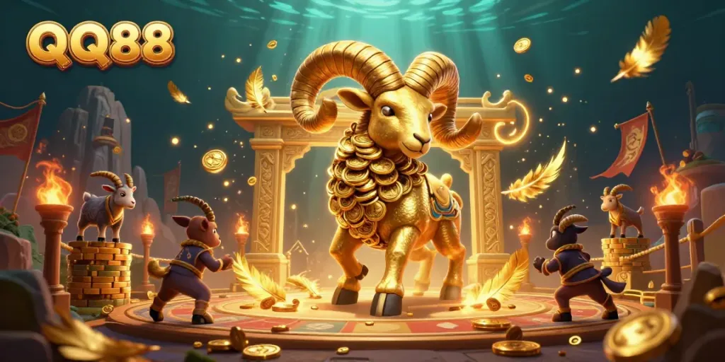 Experience thrilling QQ88 action with a golden ram charging through a dynamic casino scene filled with excitement.