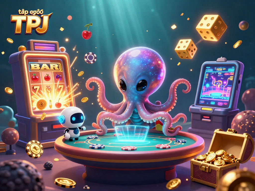 Engage with the exciting world of tập đoàn TPJ as an alien octopus spins a holographic poker table amidst flying slot symbols and treasure.