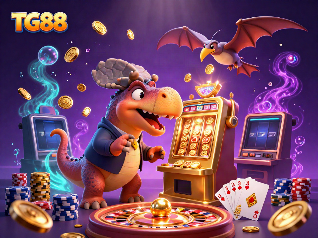 Experience the thrill of TG88 with a cartoon pachycephalosaurus hitting a jackpot slot machine!