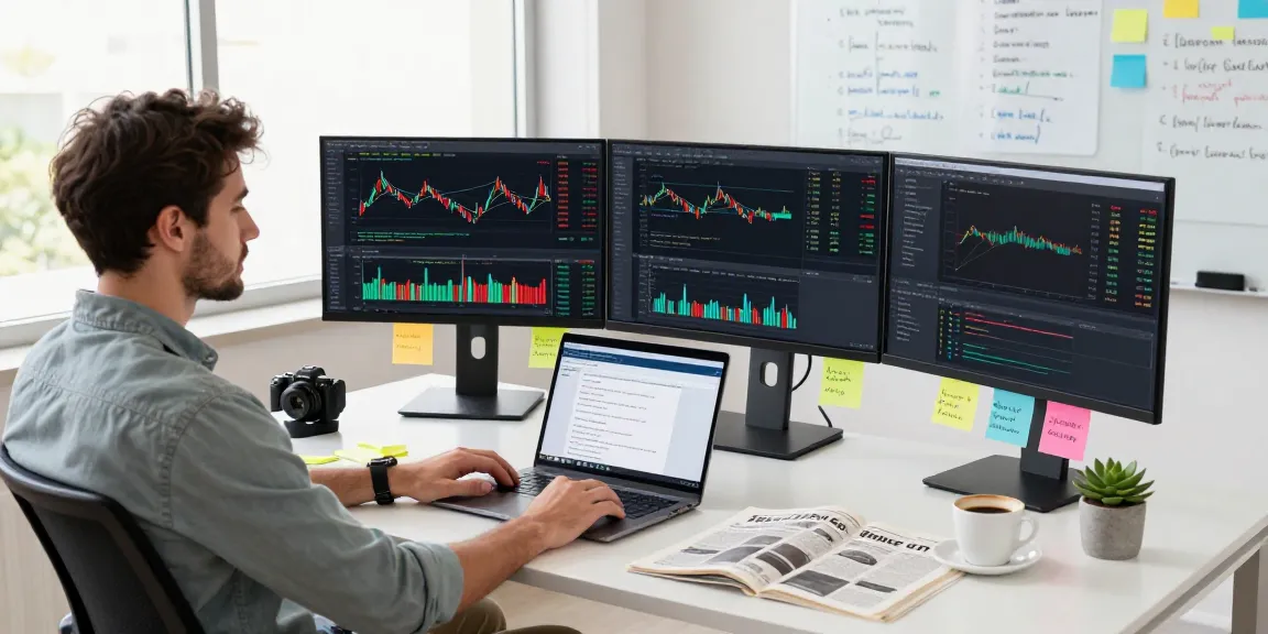HK quant trading stock API setup with screens displaying real-time market data and analytics in a modern workspace