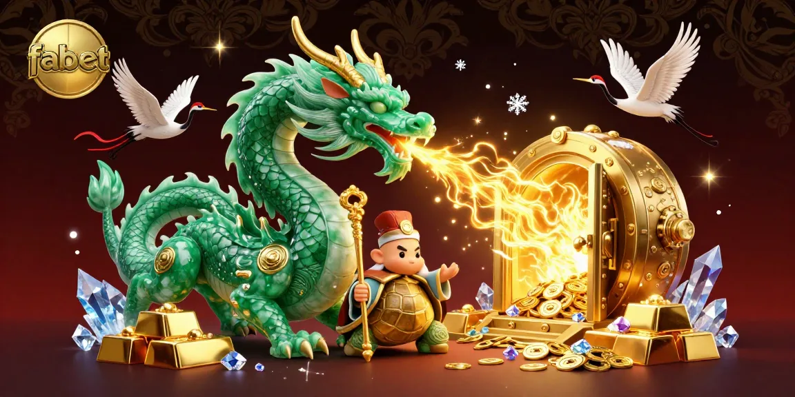 Experience the thrill of fabet with an emerald dragon and vibrant game elements in this 3D casino illustration.
