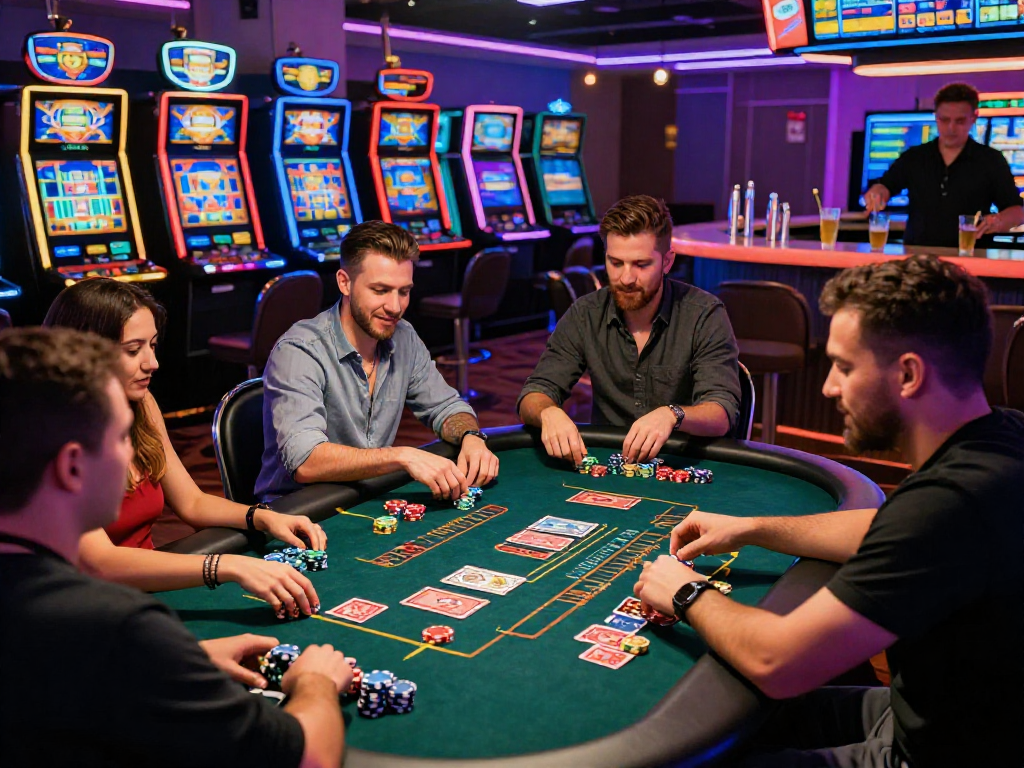 Giocatori felici in un casinò mentre consultano la lista casino online non AAMS e giocano a carte.