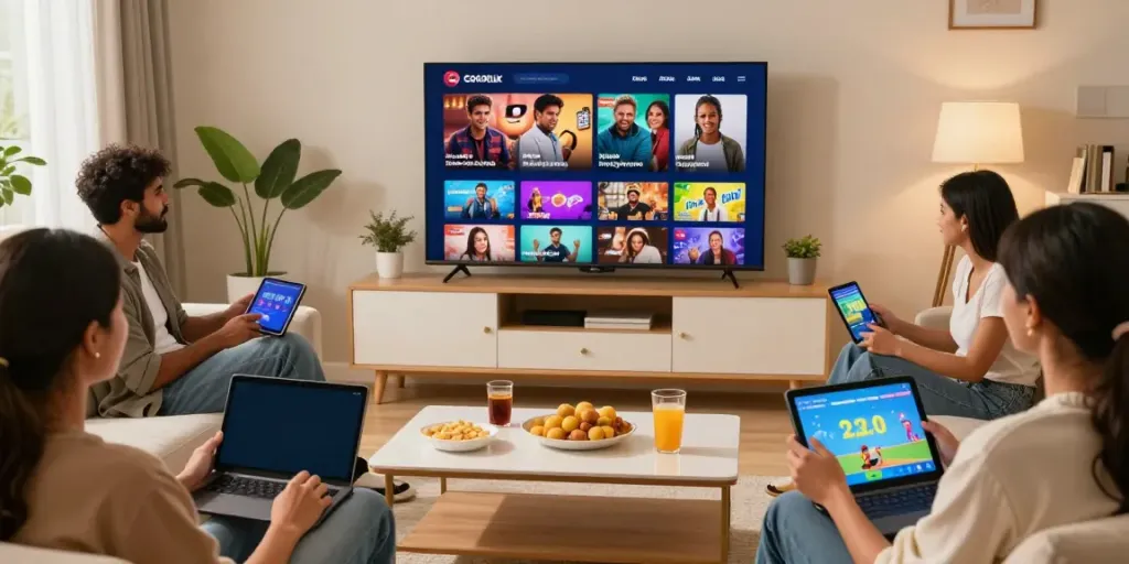 Diverse friends enjoying Cocoflix streaming movies and shows in a cozy living room.