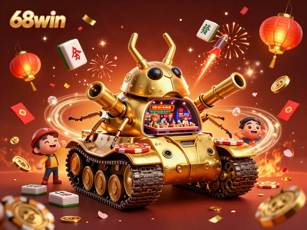 Experience the vibrant world of 68win with a golden beetle tank casino, sparkling elements and dynamic firework effects.