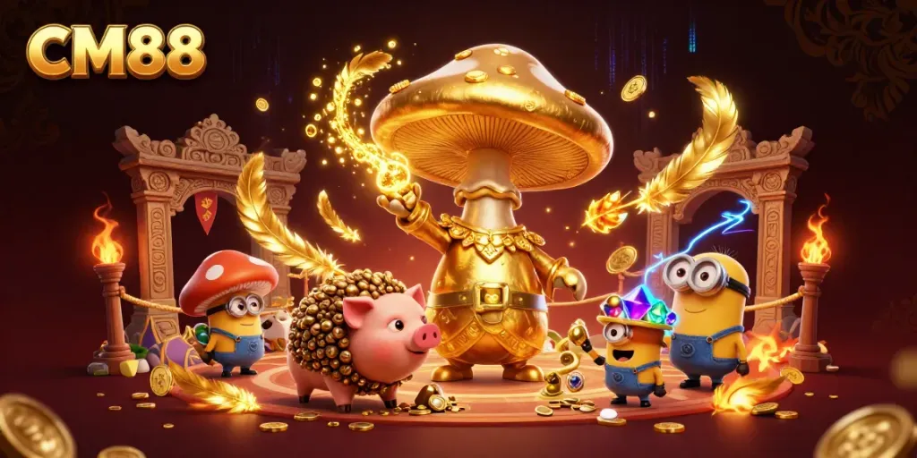 Experience the magic of CM88 with an enchanting wizard, a treasure pig, and vibrant casino elements.