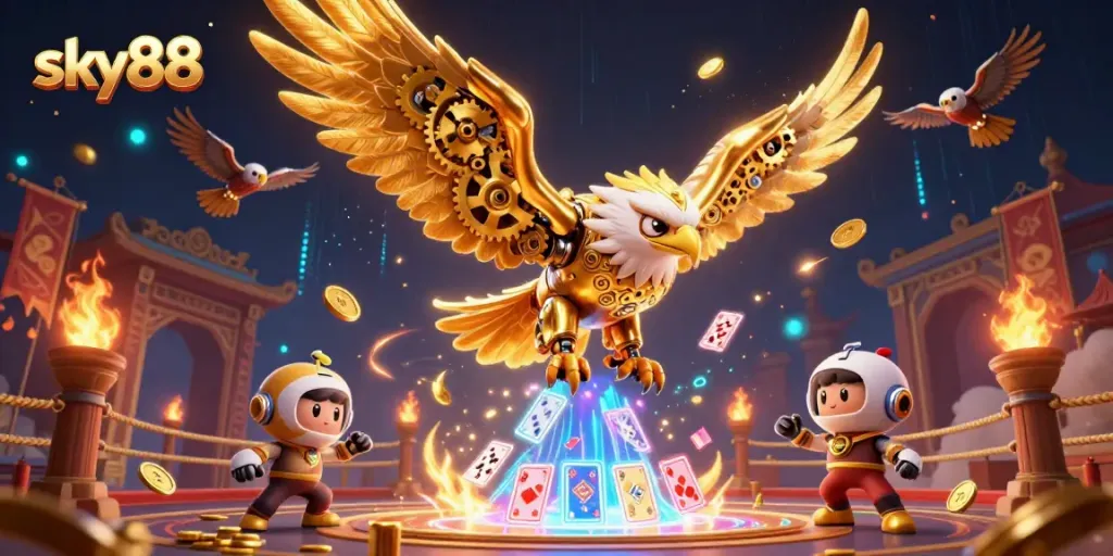 Experience thrilling casino action with the sky88 golden eagle diving among holographic cards.