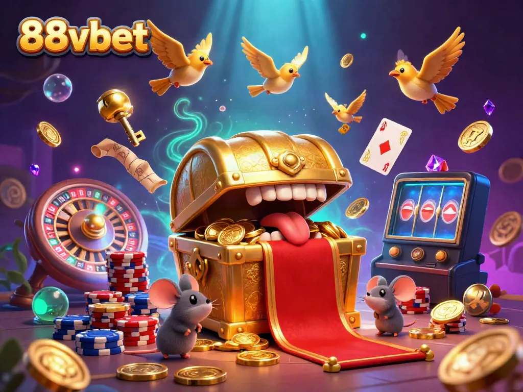 Experience the thrilling adventures at 88vbet with a colorful golden treasure scene featuring casino elements.