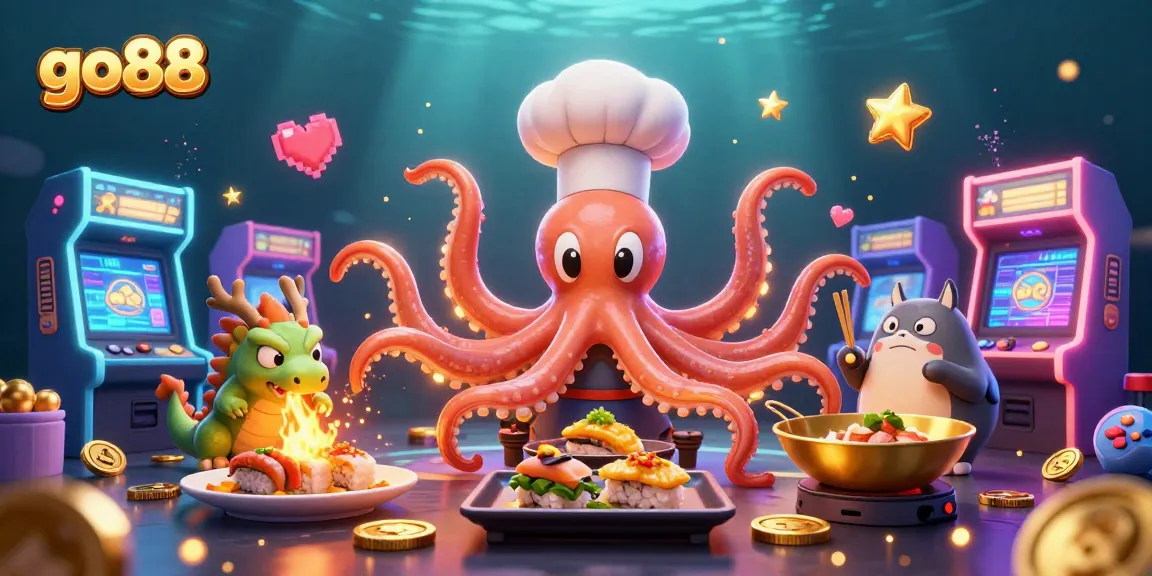 Experience the thrill of go88 with a colorful casino scene featuring a sushi chef octopus, a dragon, and a tanuki.