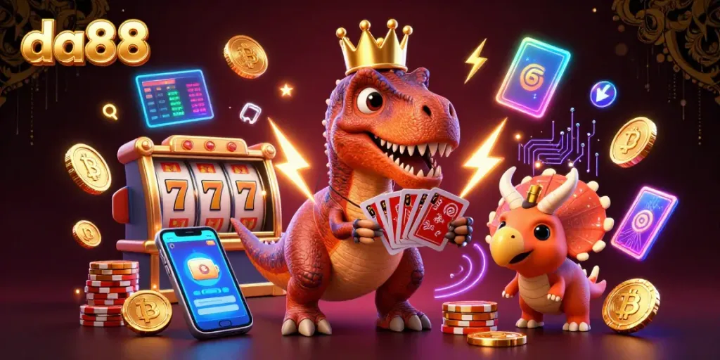 Engage in thrilling casino action with da88 as a T-Rex tries to shuffle cards amidst golden chips.