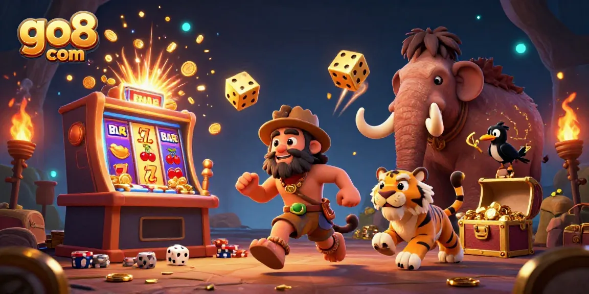 Spin jackpots with go8 com at a vibrant prehistoric casino scene featuring wild characters and exciting games.