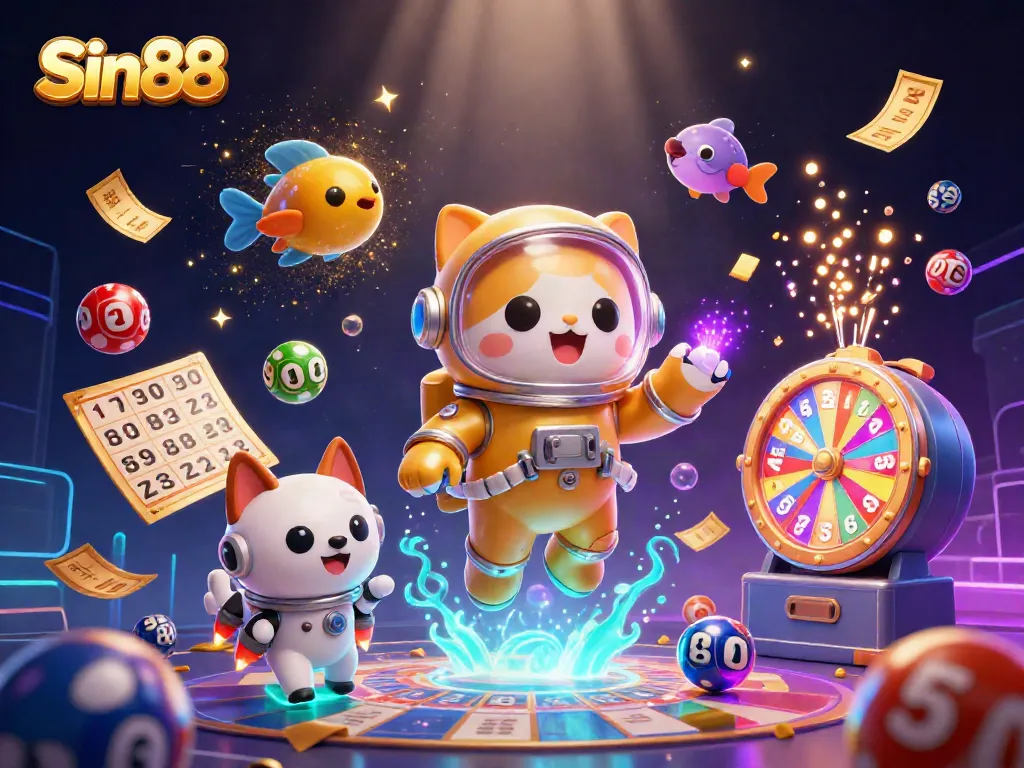 Sin88 promotes exciting lottery games with vibrant elements in a dynamic 3D digital illustration.