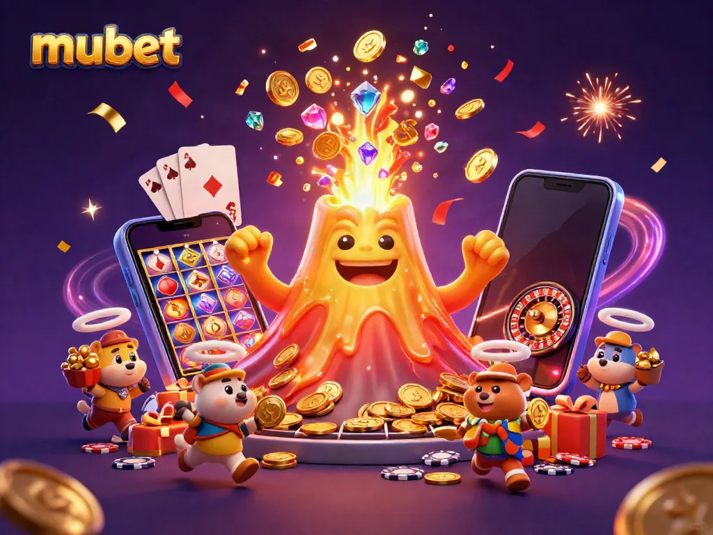 Experience the thrill of winning at mubet with a golden volcano erupting treasure in a vibrant casino scene.