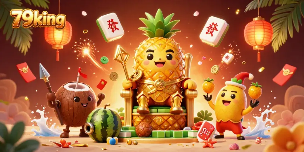 Engage with 79king's gaming universe, featuring the golden pineapple king surrounded by iconic casino symbols in a vibrant setting.