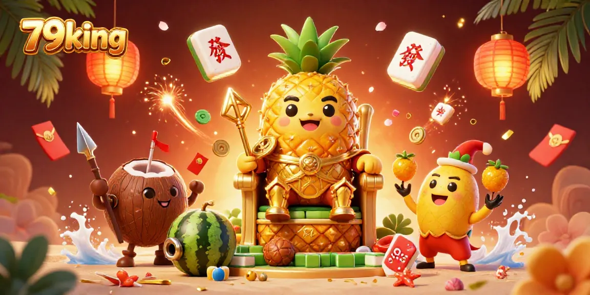 Engage with 79king's gaming universe, featuring the golden pineapple king surrounded by iconic casino symbols in a vibrant setting.