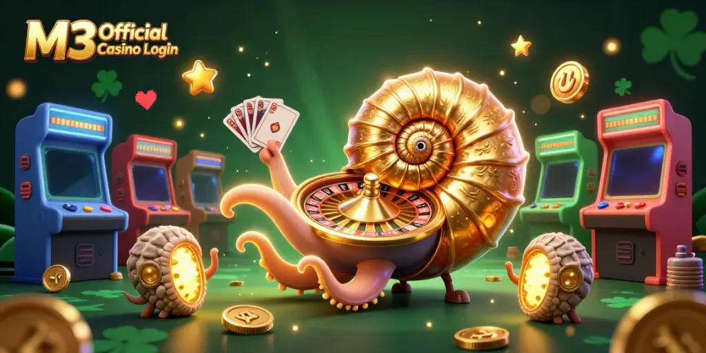 M3 Official Casino Login graphic showcasing a giant nautilus roulette wheel with gaming elements and glowing ammonite companions.