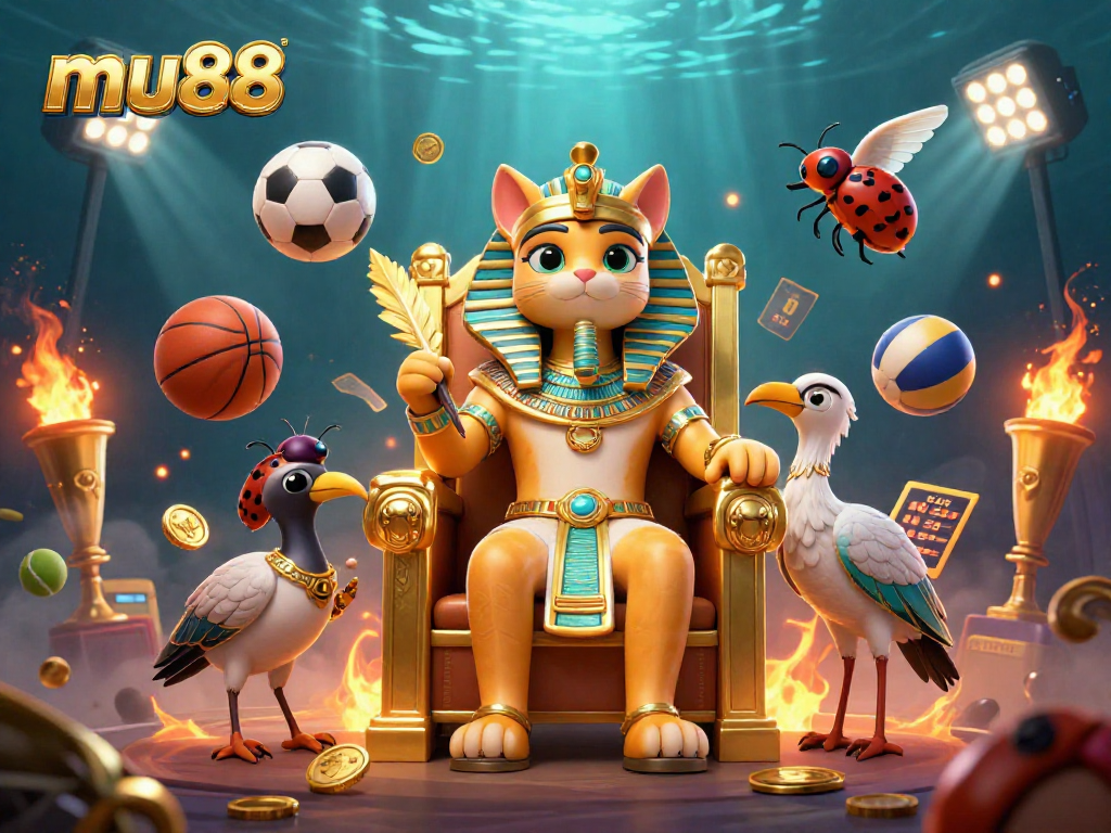 Betters celebrate wins at mu88 with 3D Egyptian cat pharaoh and vibrant sports elements.