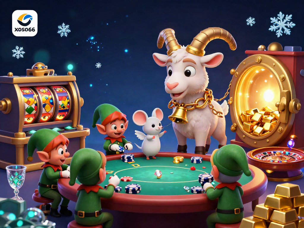 A dynamic casino scene where players engage with xoso66 đăng nhập, featuring festive characters amid treasures and gambling activities.