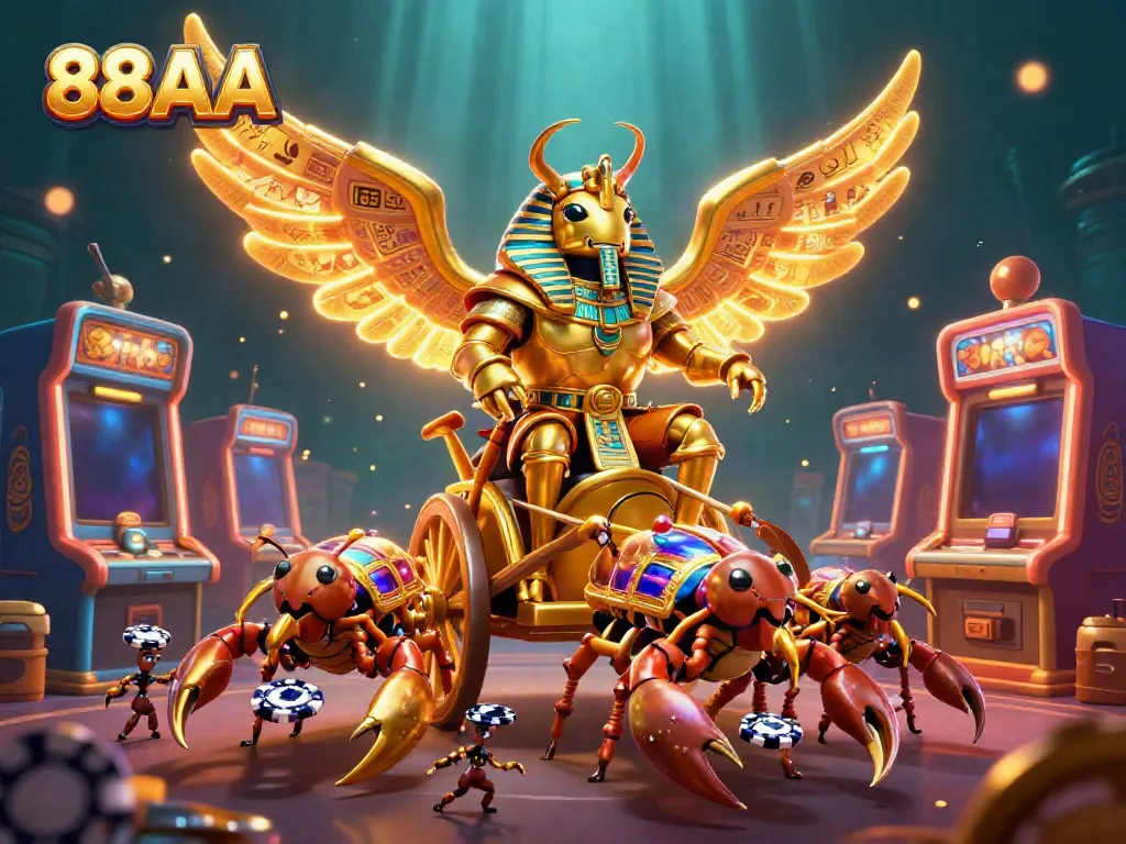 Experience thrilling gameplay at 88AA, featuring a massive golden scarab and vibrant casino games.