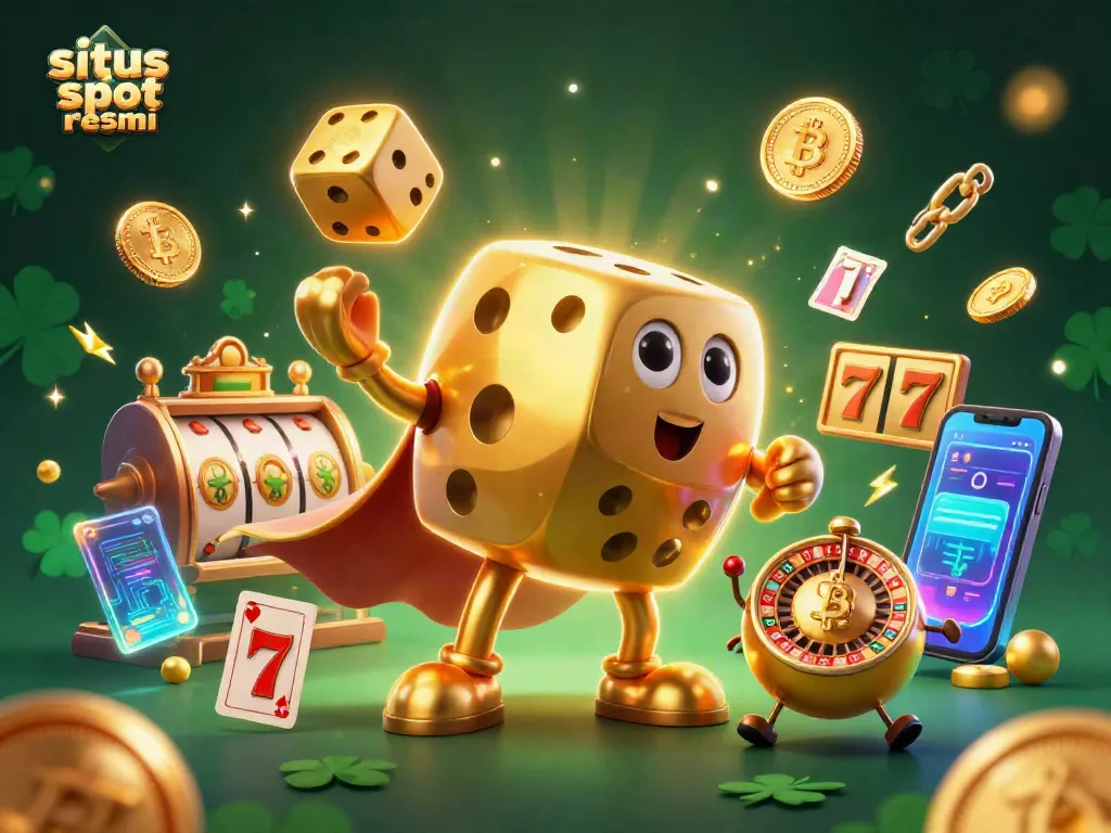 Spin the reels of situs slot resmi with our vibrant 3D illustration showcasing golden dice and slot symbols.