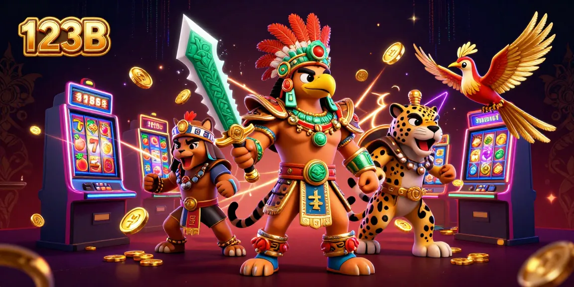 Experience thrilling wins at 123B with vibrant slot machines and Aztec warriors in this dynamic illustration.