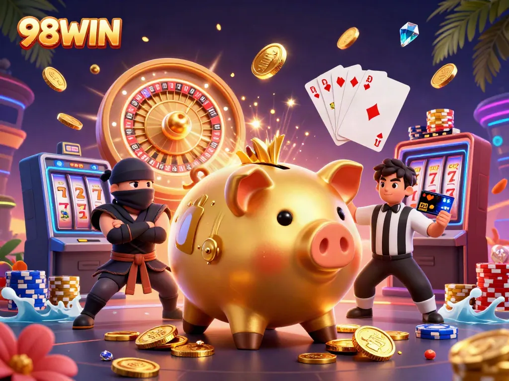 Experience the thrill of 98WIN with dynamic characters in a vibrant gambling scene featuring gold coins and casino elements.