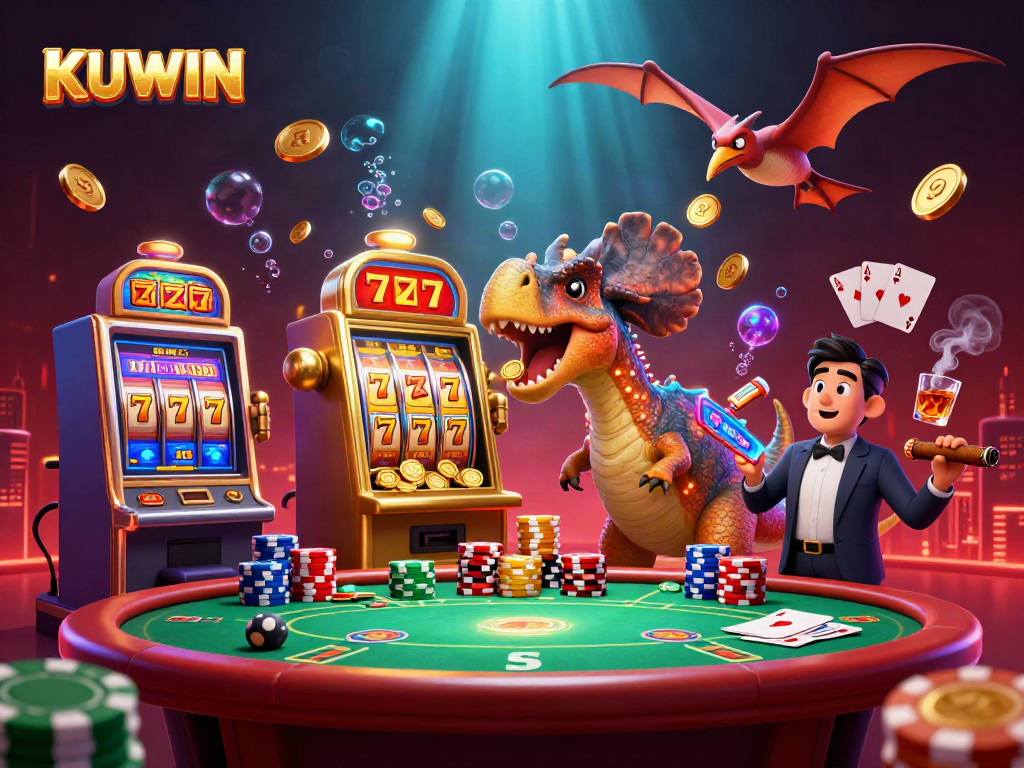 KUWIN illustrates a vibrant scene where a dinosaur triggers a jackpot on a slot machine amid colorful casino elements.