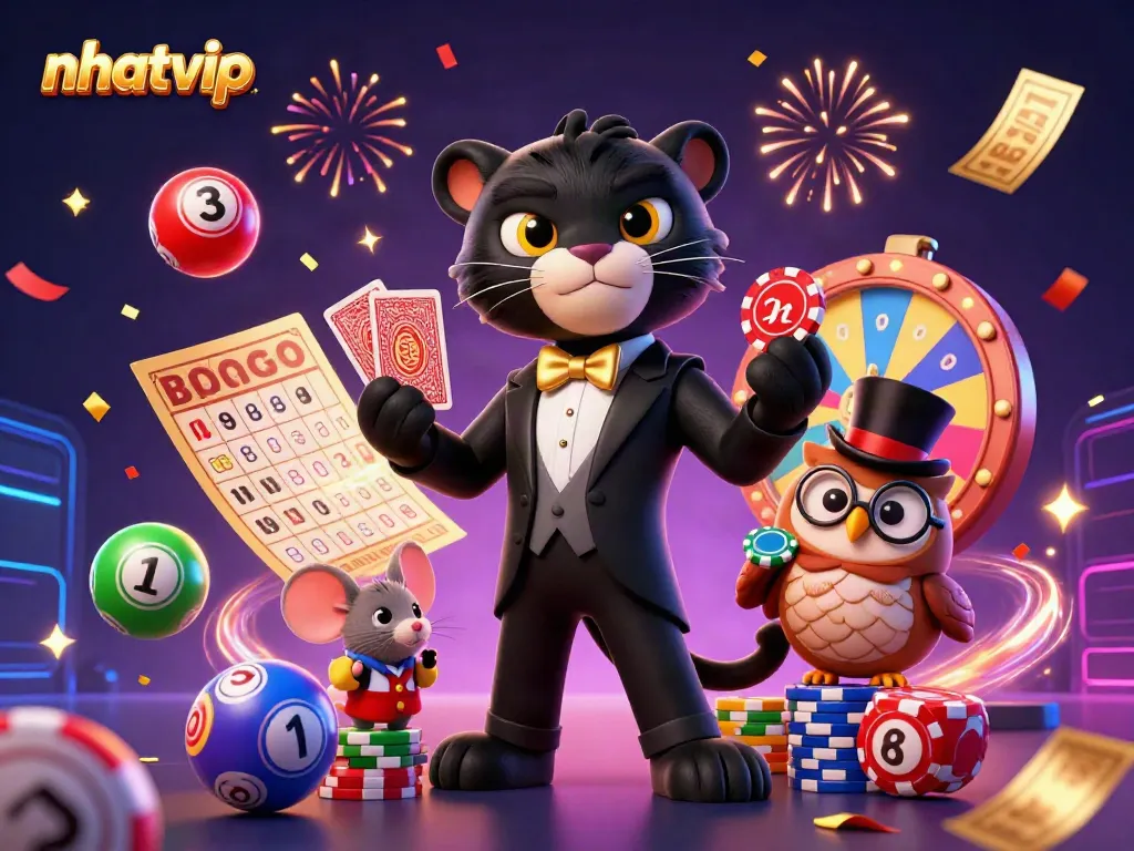 Nhatvip showcases a stylish 3D cartoon panther and friends celebrating vibrant casino action.