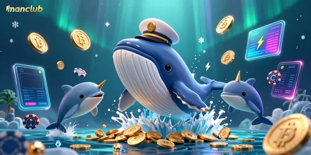 Play games with manclub as a cartoon whale breaching through coins and playful dolphins with poker chips.