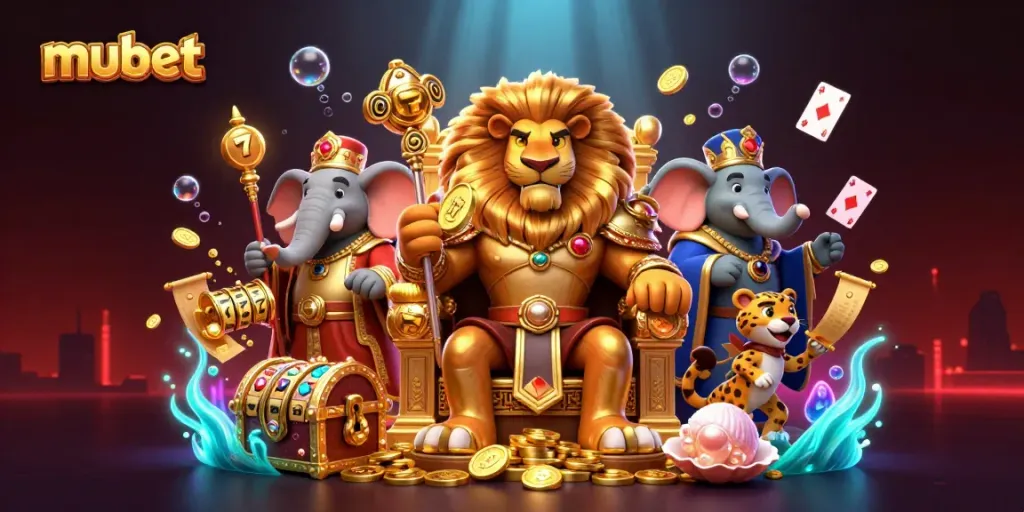 Experience thrilling gameplay at mubet with the majestic lion king among gold coins and slot reels.