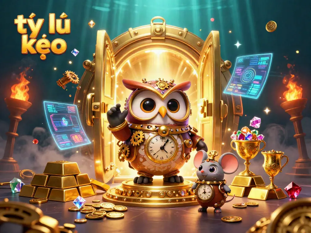 Experience the vibrant world of tỷ lệ kèo with our 3D illustration, showcasing a time-traveling owl and casino elements.