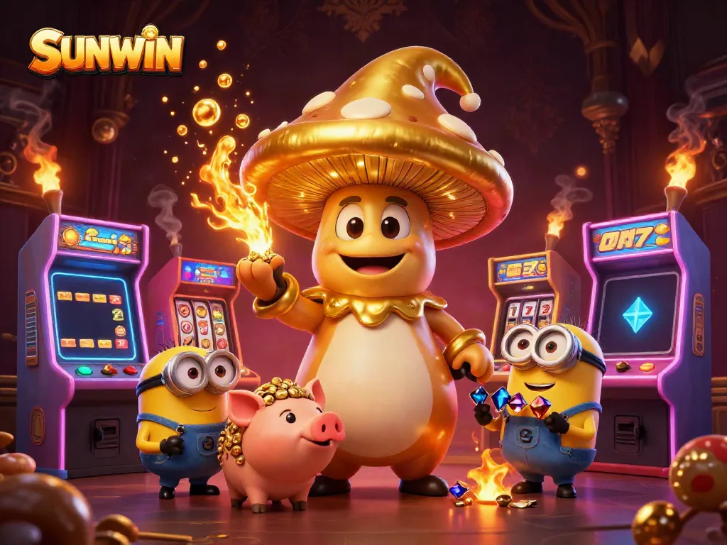 Join SUNWIN's golden wizard and a truffle pig as they channel winnings in a vibrant casino scene.