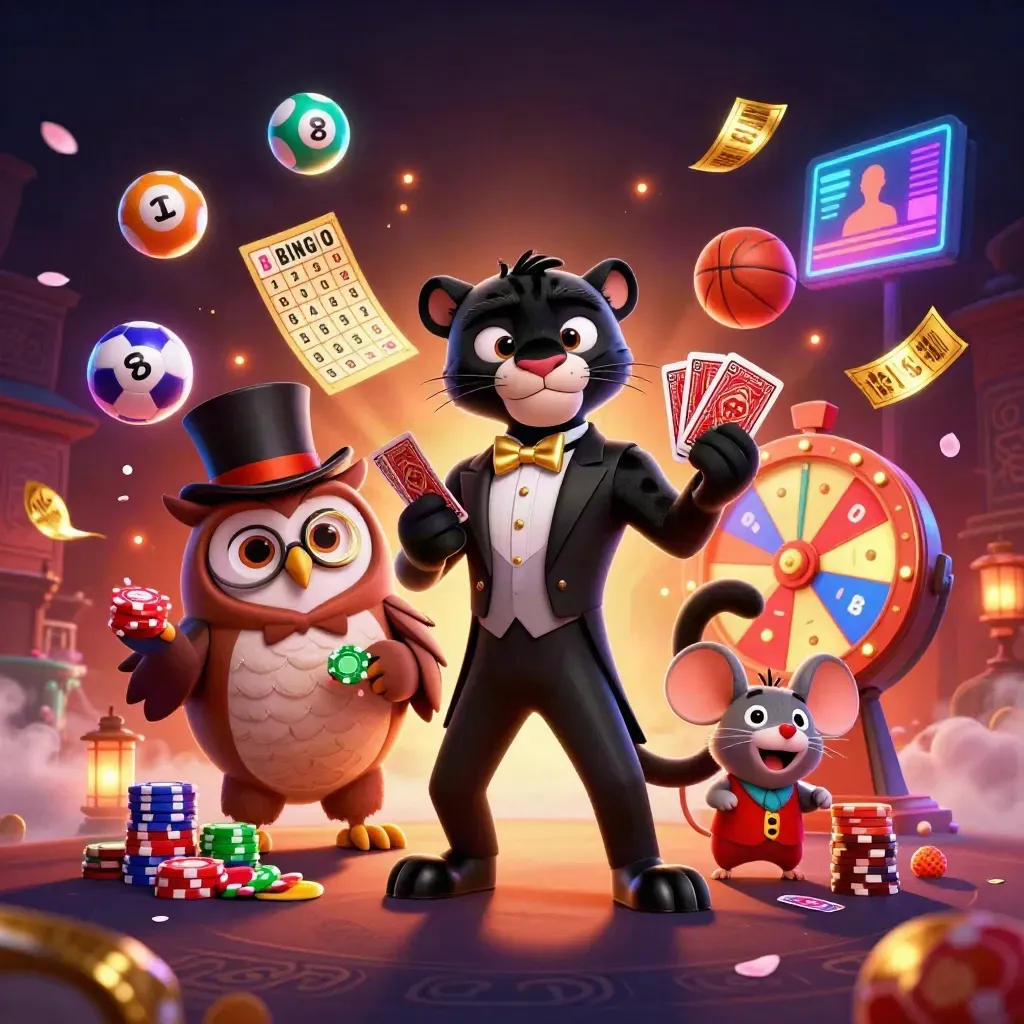 Panther, owl, and mouse amid flying chips, lottery balls, and neon casino glow.