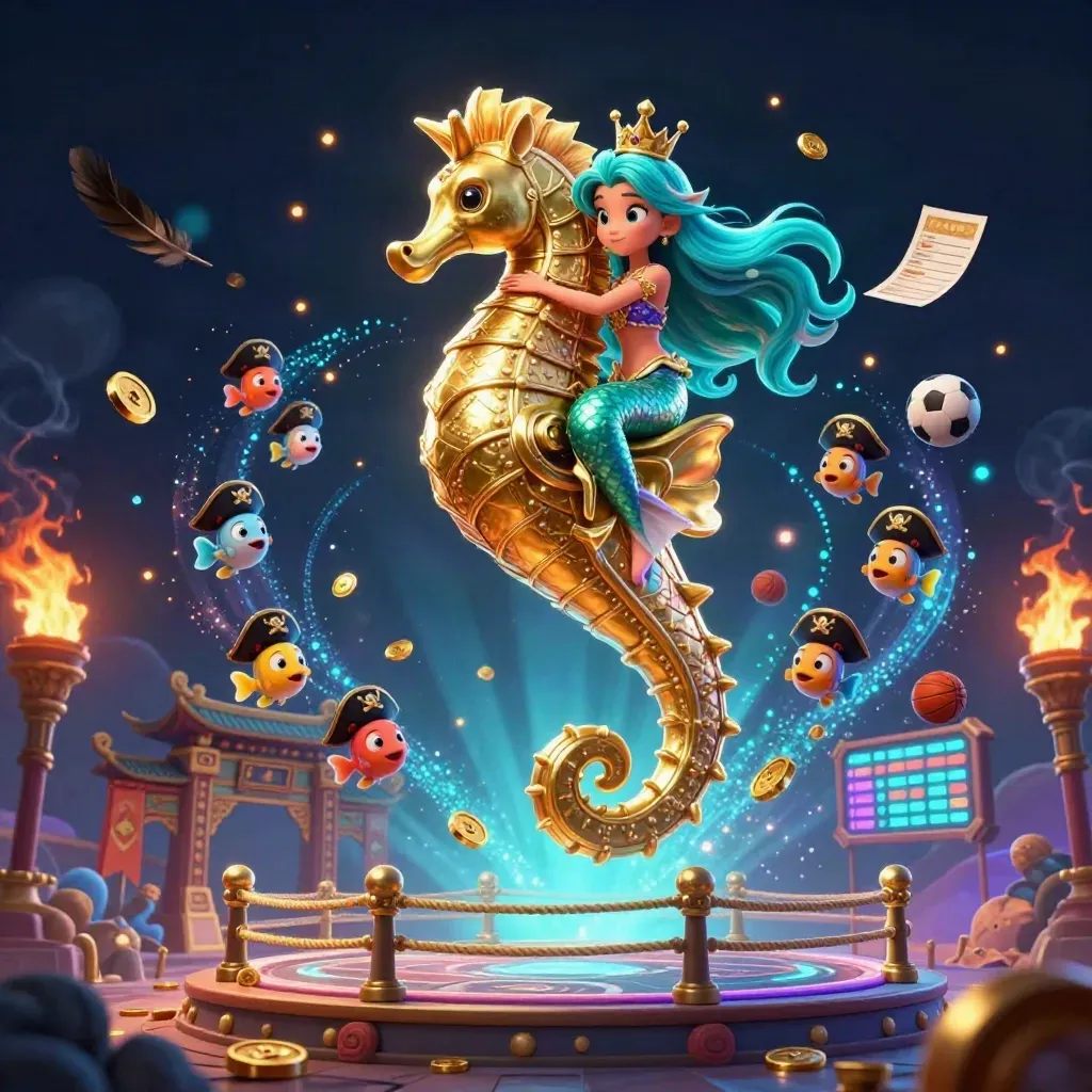 Mermaid princess on armored seahorse with pirate fish, temple gate, rings, coins, and cyan neon effects