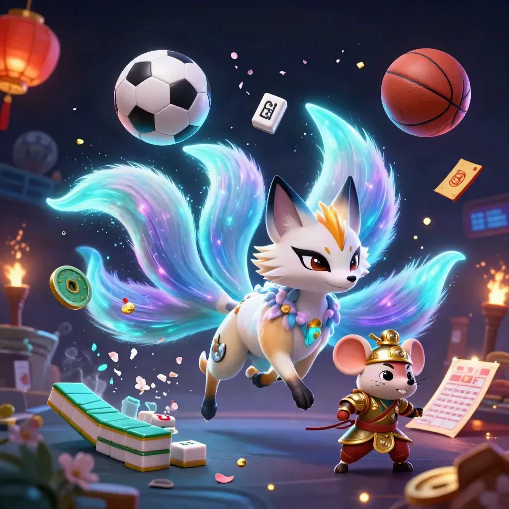 Neon fox spirit and armored mouse amid flying balls, lanterns, coins, and casino effects